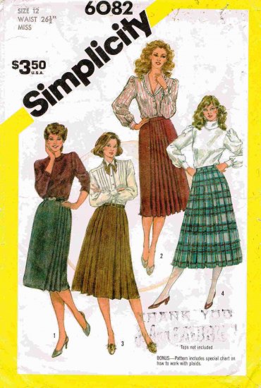 Vintage 1980's Simplicity Sewing Pattern 6082 Pleated Skirt in 4 Styles Size 12 UNCUT