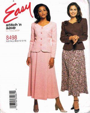 McCalls Easy Stitch n Save Sewing Pattern 8498 Semi Fitted Jacket Gored Skirt Size 8 10 12 14 UNCUT