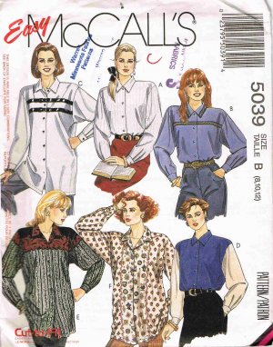 1990's McCalls Easy Sewing Pattern 5039 Long Sleeve Blouse Big Shirt Size 8 10 12 UNCUT