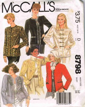 1980's McCalls Sewing Pattern 8798 Long Sleeve Button Front Jacket Size 12 UNCUT