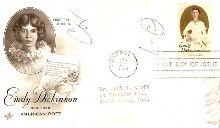 FDC EMILY DICKINSON US POSTAGE 8 CENT STAMP 1971