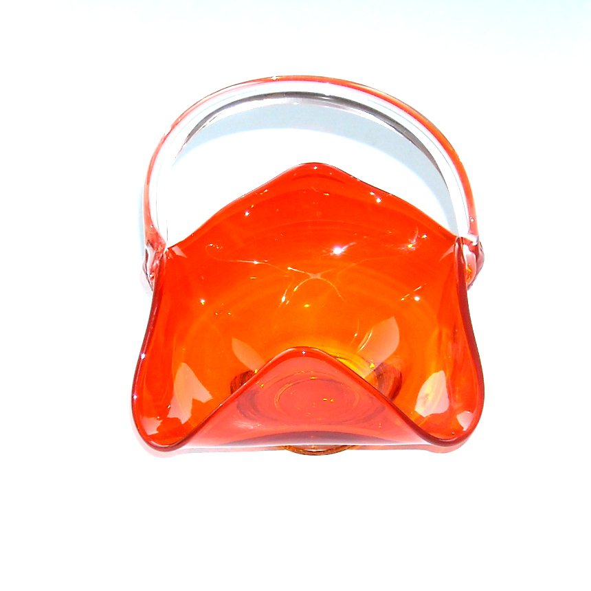 Vintage Viking Orange Red Art Glass Handled Basket