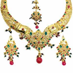 Choker Set -Red and Green Stone with Fine Bead Work - S74- Free Ship Worldwide
