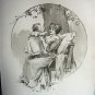 Wonderful Antique Print-Loving Mother Hold Baby Girl,Sitting Under Tree