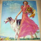 Art Deco Beauty In Pink Walking Wolfhound Dog-J. Erbit Lithograph Print