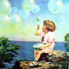 Blowing Bubbles at Oceanside VINTAGE LITHOGRAPH PRINT