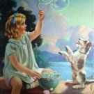 PLAYMATES-Girl Blowing Bubbles with Puppy-MABEL ROLLINS HARRIS-LITHOGRAPH PRINT