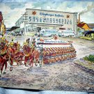 1957 SIGNED POSTCARD-WURZBURGER HOFBRAU-HORSES,BEER BARRELS