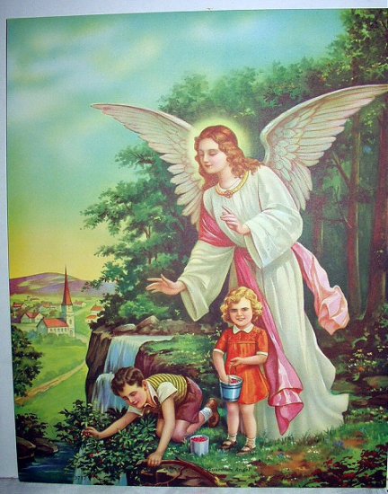 GUARDIAN ANGEL Vintage Lithograph print-Angel Watching Children