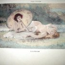 PAUL TILLIER-Antique HandColored Print-Two Nude Nymph Women Sunbathing