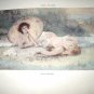PAUL TILLIER-Antique HandColored Print-Two Nude Nymph Women Sunbathing