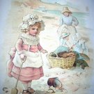 1800s Print-Sweet Girl In Bonnet Playing By Beach Chromolithograph