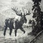 R.H. PALENSKE-Huge Bull Moose and His Mate-Vintage Drypoint Print