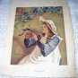 Victorian Girl in Night Cap Feeding Robin-Antique Chromolithograph