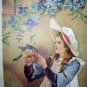 Victorian Girl in Night Cap Feeding Robin-Antique Chromolithograph