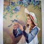 Victorian Girl in Night Cap Feeding Robin-Antique Chromolithograph