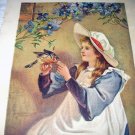 Victorian Girl in Night Cap Feeding Robin-Antique Chromolithograph