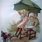 1800s Chromolithograph-CARRIAGE FOLK-Two Girls Playing Riding A Carriage