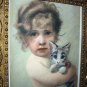Beautiful Antique 1890 COLOR Engraving-Sweet Baby Girl Hugging Kitten