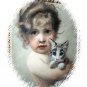 Beautiful Antique 1890 COLOR Engraving-Sweet Baby Girl Hugging Kitten