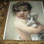 Beautiful Antique 1890 COLOR Engraving-Sweet Baby Girl Hugging Kitten