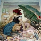 TWO IN THE SHADE-Antique Chromolithograph Print-Two Girls Under Umbrella