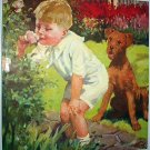 Little Boy Smelling Roses,Watching Airedale Dog-Vintage Illustration