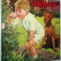 Little Boy Smelling Roses,Watching Airedale Dog-Vintage Illustration