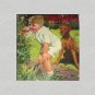 Little Boy Smelling Roses,Watching Airedale Dog-Vintage Illustration