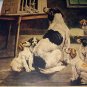 BREAKING HOME TIES-Cute Vintage Print-Mother Dog with 6 new Puppies Saying Goodbye