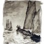 RARE-R.H.PALENSKE-MORNING BREEZE-Lithograph Sepia Print-Two Large Clipper Ships