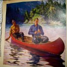 1930s Men In Red Canoe Fishing-Vintage Lithograph Print-WILLIAM EATON