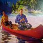 1930s Men In Red Canoe Fishing-Vintage Lithograph Print-WILLIAM EATON