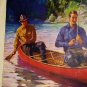 1930s Men In Red Canoe Fishing-Vintage Lithograph Print-WILLIAM EATON
