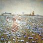 THE BLUE MEADOW Vintage Lithograph Print-Sweet Dutch Girls Picking Blue Flowers