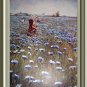 THE BLUE MEADOW Vintage Lithograph Print-Sweet Dutch Girls Picking Blue Flowers