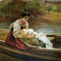 c1900 Lovely Maiden Holding Baby in Row Boat Antique Chromolithograph Print