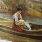 c1900 Lovely Maiden Holding Baby in Row Boat Antique Chromolithograph Print