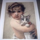 Beautiful Antique 1890 COLOR Engraving-Sweet Baby Girl Hugging Kitten