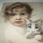 Beautiful Antique 1890 COLOR Engraving-Sweet Baby Girl Hugging Kitten