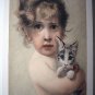 Beautiful Antique 1890 COLOR Engraving-Sweet Baby Girl Hugging Kitten