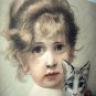 Beautiful Antique 1890 COLOR Engraving-Sweet Baby Girl Hugging Kitten