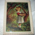 Late 1800s Antique Chromolithograph-Sweet Girl Picking Apples