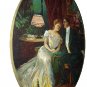Sweet Courting Victorian Couple Sitting in Parlor-Oval Metal Convex Frame