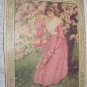 1909 Lovely Victorian Lady in Pink Under Flowered Tree Antique Print