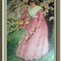 1909 Lovely Victorian Lady in Pink Under Flowered Tree Antique Print