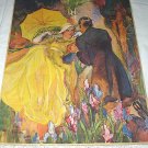 Lady In Yellow Romanced By Gentlemen Vintage Magazine Artwork Illustration-Iris Flower Garden