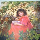 Little Miss Muffett-Little Girl Dressed In Pink Antique Chromolithograph Print