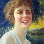 1919 Pastel DeLavel Chromolithograph Smiling Lady farm Tractor Hay Delaval Print