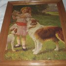 **REDUCED**Sweet Vintage Large Flawed Print-Girl,Collie Dog,Picnic Basket **REDUCED**Sweet Vintage Large Flawed Print-Girl,Collie Dog,Picnic Basket